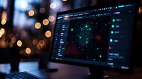 Dark computer screen displaying data visualization with glowing green dots on world map against blurred bokeh lights background, modern technology concept.