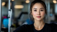 Young Asian woman with dark hair wearing black shirt in modern office environment with blurred background, suitable for corporate, business, and professional portraits.