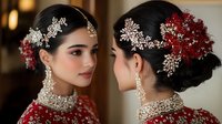 Young Asian woman in traditional bridal attire with ornate pearl and crystal hair accessories, red floral details, and matching jewelry, reflected in mirror, soft lighting.