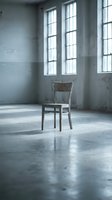 Solitary wooden chair in empty abandoned room with tall windows and concrete floor creating moody atmospheric interior space for conceptual projects.