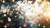 Festive confetti falling against blurred Christmas tree branches and glowing bokeh lights creates magical holiday atmosphere for seasonal celebrations.