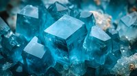Blue crystal mineral specimens with cubic formations and translucent surfaces for geology education, jewelry design, and natural science materials.