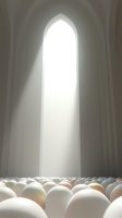 Bright light streaming through gothic church window illuminates sea of white eggs on floor, creating mystical atmosphere with dramatic shadows and soft glow.