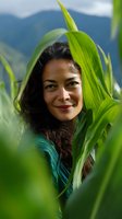 Young Southeast Asian woman with long dark hair and warm smile surrounded by lush green foliage in mountainous landscape. Suitable for wellness, nature, sustainability and lifestyle marketing.