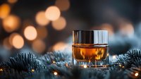 Glass of premium whiskey or cognac on fir branches against blurred golden bokeh lights creating festive winter holiday atmosphere. Perfect for beverage marketing.