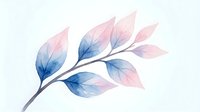 Watercolor branch with translucent leaves in soft pink and blue tones, isolated on white background. Suitable for design projects, stationery, and digital artwork.