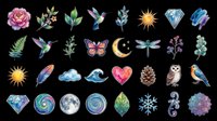 Watercolor nature elements collection featuring blooming flowers, flying hummingbirds, butterflies, celestial symbols, gemstones, and wildlife isolated on transparent background. Ready for t-shirt design, clipart, stickers, sublimation, and print-on-demand projects.