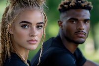 Young diverse athletic couple in sportswear outdoors after workout training session looking confident and determined with natural green background.