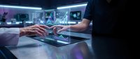 Hands typing on futuristic holographic interface with glowing data visualization in modern tech workspace for digital innovation and virtual reality applications.