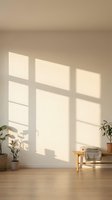 Minimalist interior with natural sunlight casting window shadows on beige wall, wooden floor, plants and bench creating serene home atmosphere.