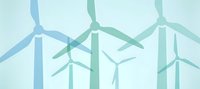 Wind turbines silhouettes in soft blue and green tones creating sustainable energy concept for environmental projects and renewable power presentations.