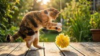 Playful calico cat batting at a yellow toy on a string outdoors on a sunny wooden deck surrounded by lush green garden.