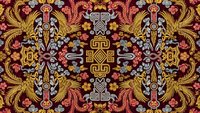 Ornate baroque pattern with intricate floral motifs and decorative elements in rich burgundy, gold and purple colors for luxury textile design.