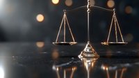 Golden scales of justice on dark surface with warm bokeh lights creating professional legal atmosphere for law firm branding and judicial concepts.