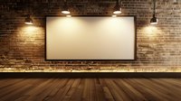 Empty white billboard on brick wall with spotlights and wooden floor, modern industrial interior mockup for advertising display or gallery presentation space.