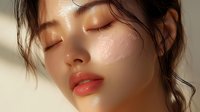 Young Asian woman with glowing dewy skin, closed eyes, and coral lips in soft natural lighting. Closeup beauty portrait showing fresh, luminous complexion and natural makeup.
