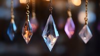 Crystal prisms hanging on chains create magical light reflections with pink and blue hues against dark background, capturing ethereal bokeh effects.