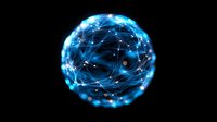 Glowing blue sphere with connected dots and lines forming network pattern on black background, representing global connectivity and digital transformation.