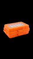 Bright orange plastic storage case with transparent compartmented lid, isolated on transparent background, ready for clipart, t-shirt design, print-on-demand, and sublimation projects.
