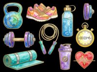 Watercolor fitness equipment set with kettlebell, dumbbell, sneakers, water bottle, shaker, jump rope, yoga mat, stopwatch and heart. Isolated, transparent background, clipart for t-shirts, stickers.