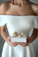 Elegant bride in white off-shoulder dress holding gift box with golden bow, close-up view of hands and torso against neutral background. For wedding and celebration designs.
