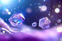 Magical crystal gems floating in cosmic purple and blue space with glowing bokeh lights and ethereal waves creating mystical atmosphere for fantasy designs.