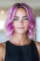 Young Caucasian woman with vibrant pink and purple hair styled in wavy bob cut, natural freckles, and bright blue eyes wearing black sleeveless top, smiling at camera.
