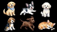 Cute puppy clipart set with six dog breeds isolated on transparent background, ready for stickers, t-shirt design, print on demand, and sublimation crafts.