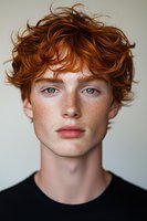 Young redhead male model with freckles and bright blue eyes wearing black t-shirt against light background, close-up portrait showing natural beauty and unique features.
