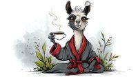 Cartoon llama in red bathrobe holding coffee cup while relaxing. Humorous animal character illustration with watercolor texture and decorative foliage elements.