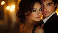 Romantic portrait of young couple in evening setting with warm bokeh lights. Woman with dark updo hairstyle and lace dress, man in black suit looking sensual.