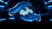 Businessman hands protecting digital data blocks in futuristic cyber space with glowing particles and network connections for technology concepts.