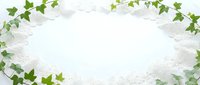 Elegant oval frame of green ivy vines and white lace flowers on a light background with copy space for text or design.