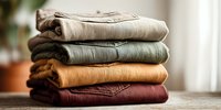 Stack of folded linen shirts in earthy tones of beige, green, yellow, and burgundy, showcasing natural fabric texture for sustainable fashion retail.