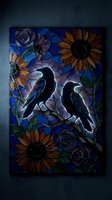 Stained glass mosaic artwork featuring two black ravens perched among vibrant sunflowers and roses in rich blues, purples, and golden tones for home decor.