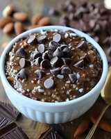 Creamy chocolate mousse topped with dark chocolate chips and sea salt in white ramekin, surrounded by chocolate bars, almonds and cinnamon sticks on wooden surface.