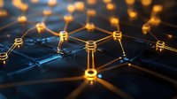 Abstract network connections with glowing golden nodes and lines creating digital mesh pattern for technology and communication concepts.