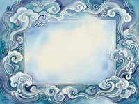 Watercolor frame with swirling blue ocean waves and clouds in Asian style, featuring an empty center space for text or design elements.