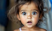 Young mixed race toddler girl with striking blue eyes and curly dark hair shows expression of wonder and amazement while looking up. Perfect for childhood innocence themes.