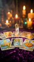 Crystal pendulum hanging over spread tarot cards with burning candles creating mystical atmosphere for fortune telling and spiritual guidance sessions.
