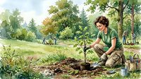 Young woman planting tree sapling in park setting with watering can, environmental conservation and reforestation concept for Earth Day campaigns.
