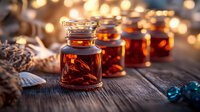 Small glass bottles with amber liquid on rustic wooden surface against blurred golden bokeh lights, creating cozy atmospheric composition.