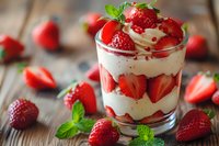 Fresh strawberry dessert layered with whipped cream and mint garnish in glass, served on rustic wooden table with scattered berries and leaves.