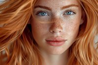 Close-up beauty portrait of young redhead woman with natural freckles and blue eyes. Wind blowing through ginger hair creates dynamic movement perfect for beauty and cosmetic advertising.