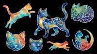 Colorful decorative cats in various poses with ornamental patterns, isolated on transparent background. Ready for t-shirt design, clipart, stickers, sublimation, and print-on-demand projects.