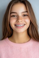 Young Caucasian teen girl with braces wearing freckles and brown hair. Close up portrait showing genuine happiness and confidence.