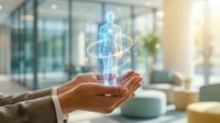 Hands holding glowing digital human hologram with orbital rings in modern office environment, representing technology, innovation, healthcare, and business solutions.