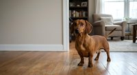 Adorable brown dachshund dog standing on hardwood floor in modern living room interior with natural lighting for pet care and home lifestyle.