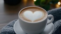 Heart-shaped latte art in white ceramic cup on saucer with cozy gray knit fabric and soft bokeh lights in background, romantic coffee moment.