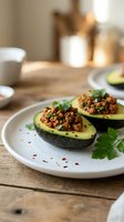 Avocado halves filled with seasoned ground meat and topped with fresh cilantro, served on white plate for lunch or dinner meal preparation.